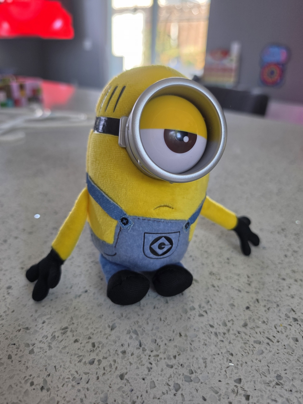 Yellow One-Eyed Plush Character in Blue Overalls - Kids Stuffed Toy
